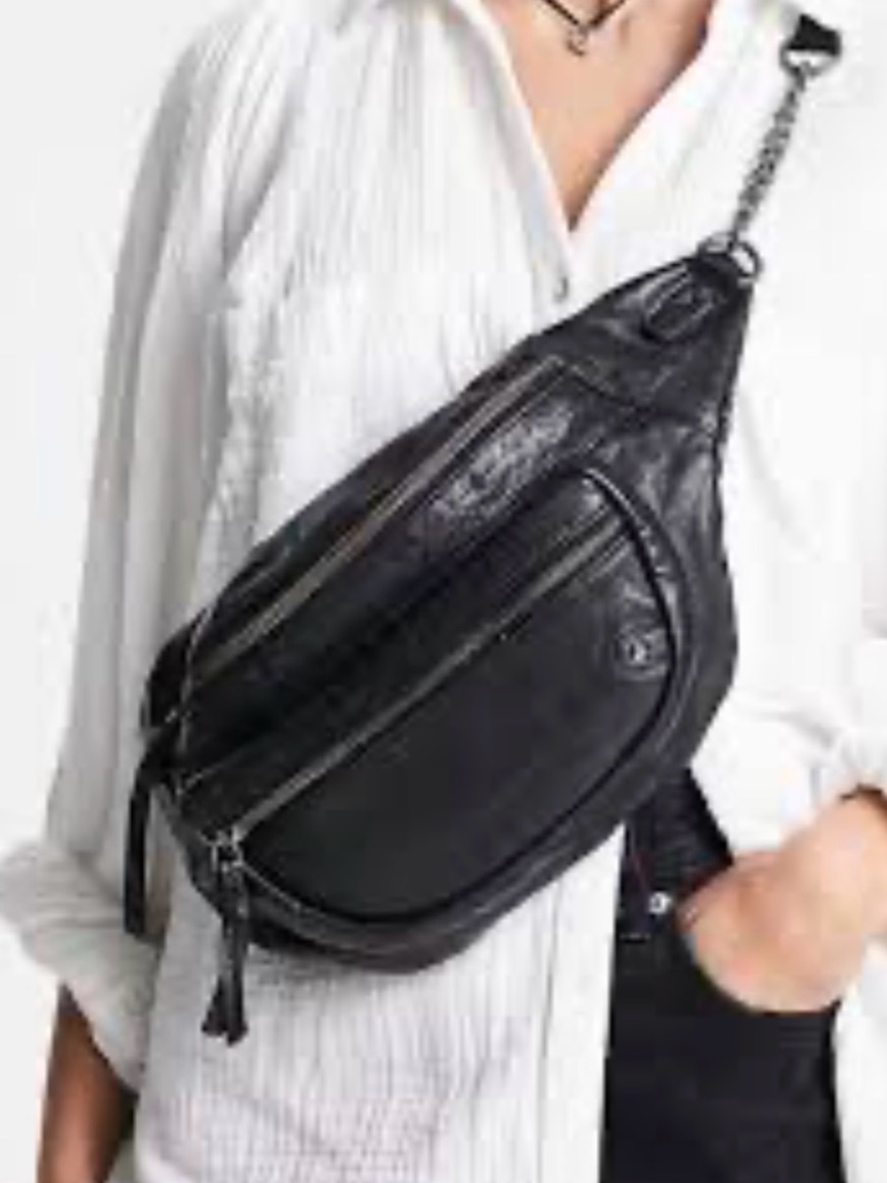 Free People Archer Studded Leather Sling Bag in black w blue studs
